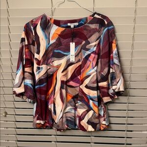 Chico's Bubble Hem Top Vibrant Abstract Women's Blouse